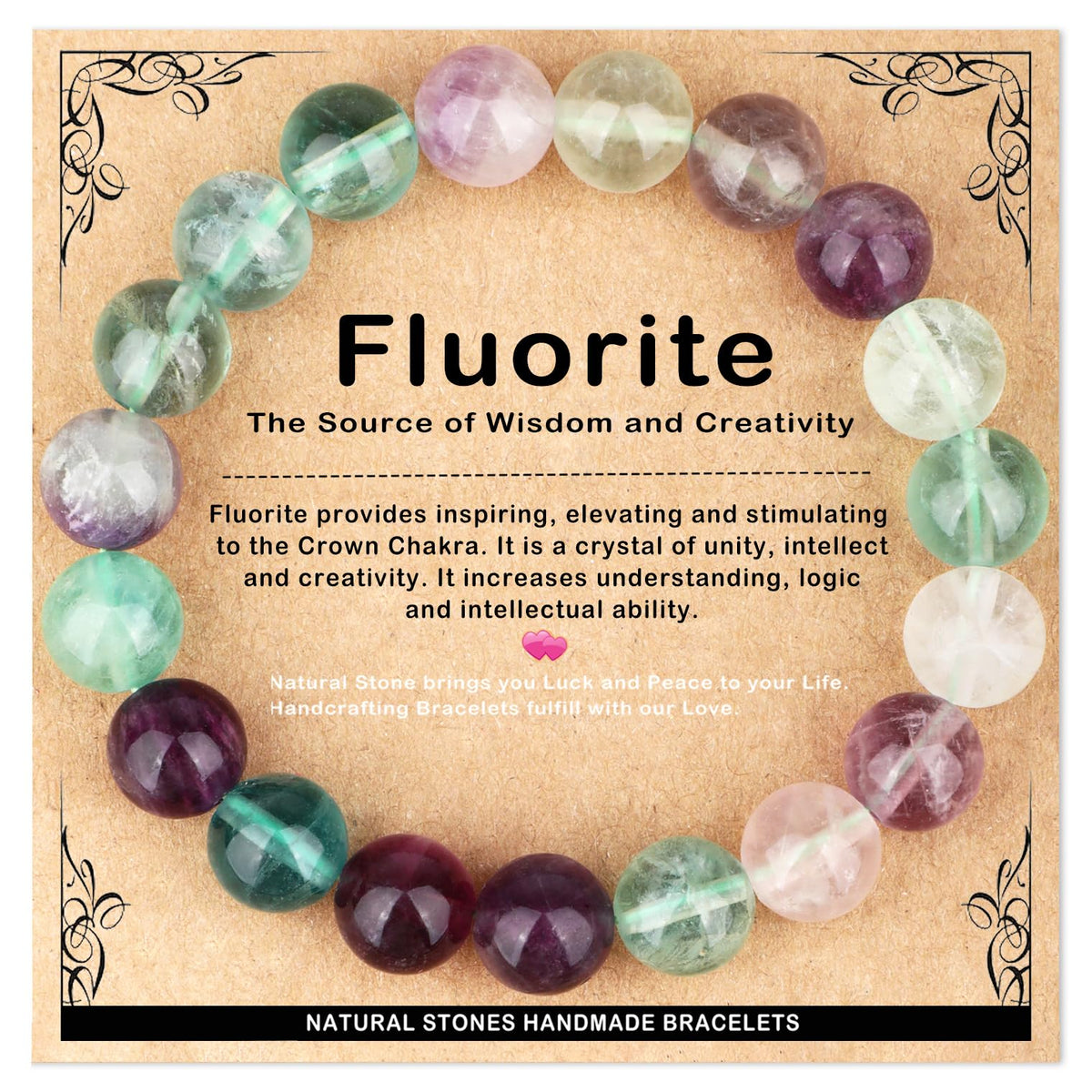 AD Beads 10mm Handmade Fluorite Elastic Bracelet – Natural Gemstone for Is the source of Wisdom and Creativity – Meditation, Yoga, Healing and Energy Gift for Men Women
