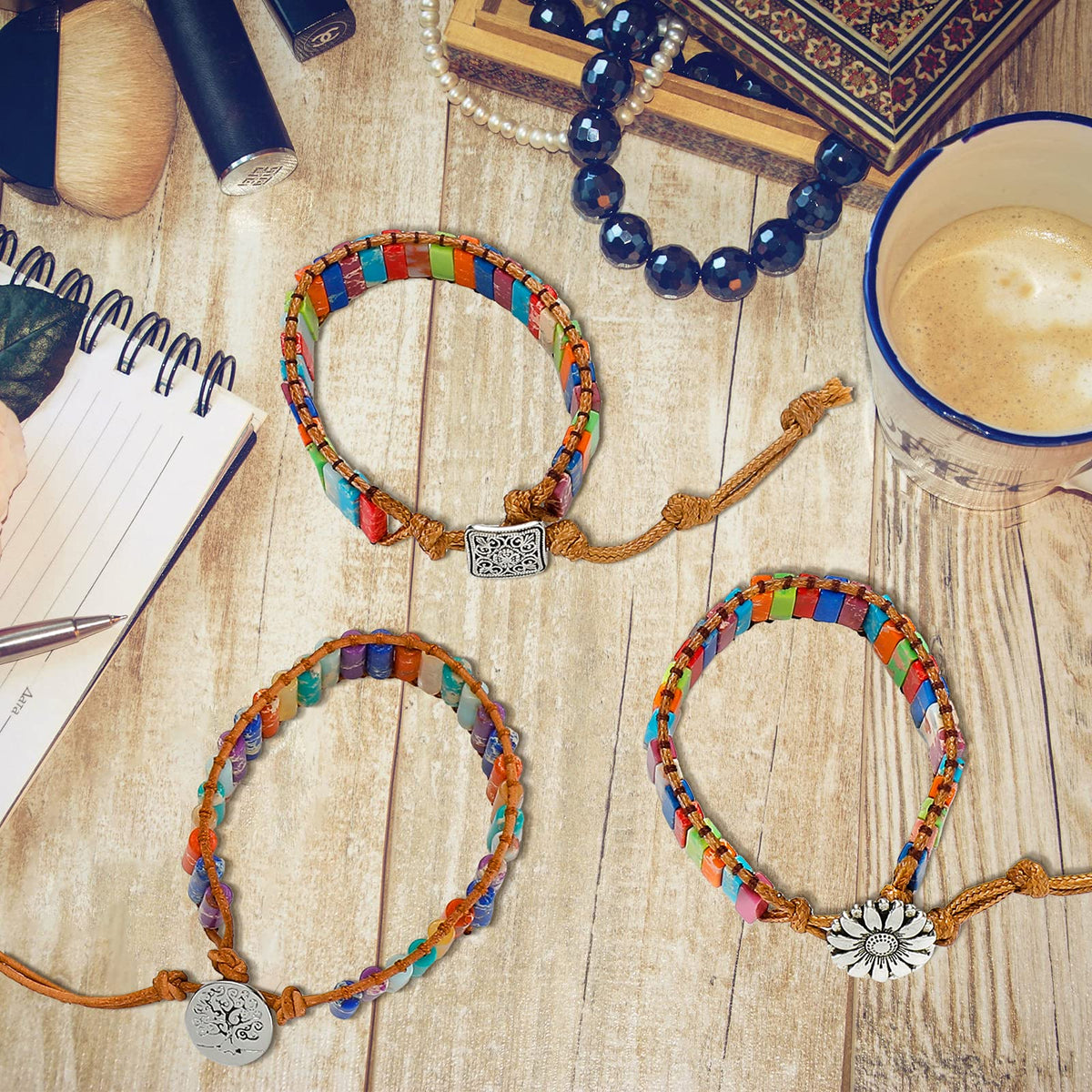Hicarer 3 Pcs 7 Chakra Bracelets for Women Men Natural Stone Leather Wrap Healing Bead Bracelets Healing Stone Boho Friendship Jewelry Gifts