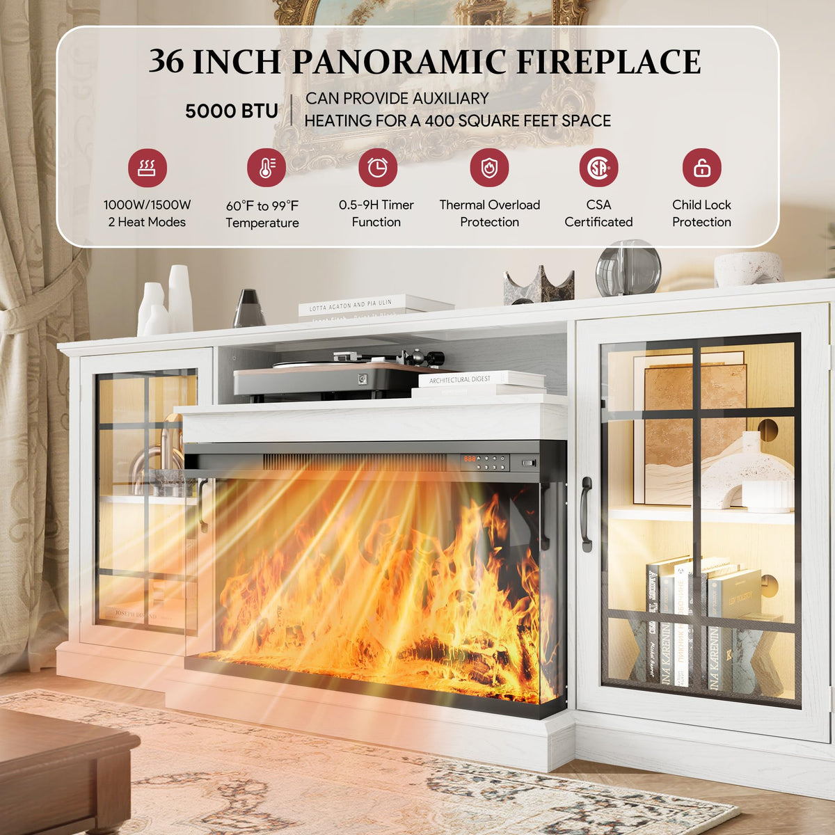 MXV 70'' Fireplace TV Stand, Farmhouse Entertainment Center with 3 Sided Glass TV Stand, Modern Media Console Table with Storage Drawers & Cabinets with LED Flame and Lights for Living Room, White