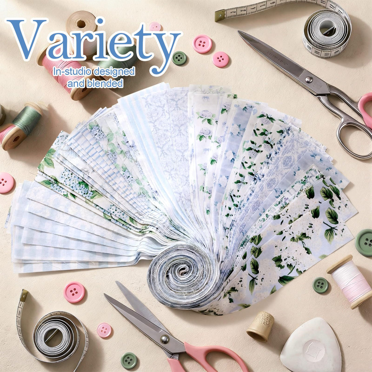 Remagr 100 Pcs Blue Floral Fabric Strips for Quilting Roll 20 x 2.5 Inch Cotton Spring Florals Fabric Bundles Flower Quilting Precut Patchwork Roll for Quilters Sewing Cloth Quilt DIY Crafts Supplies