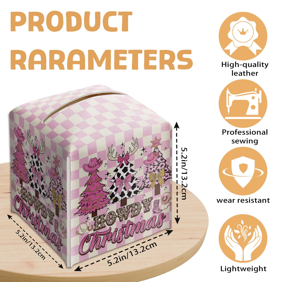 Howdy Christmas Tissue Box Holder, Pink Checkered Cowgirl Western Christmas Trees Leather Tissue Box Cover Square, Paper Facial Decorative Tissues Cover for Bathroom Office Home Decor-B07
