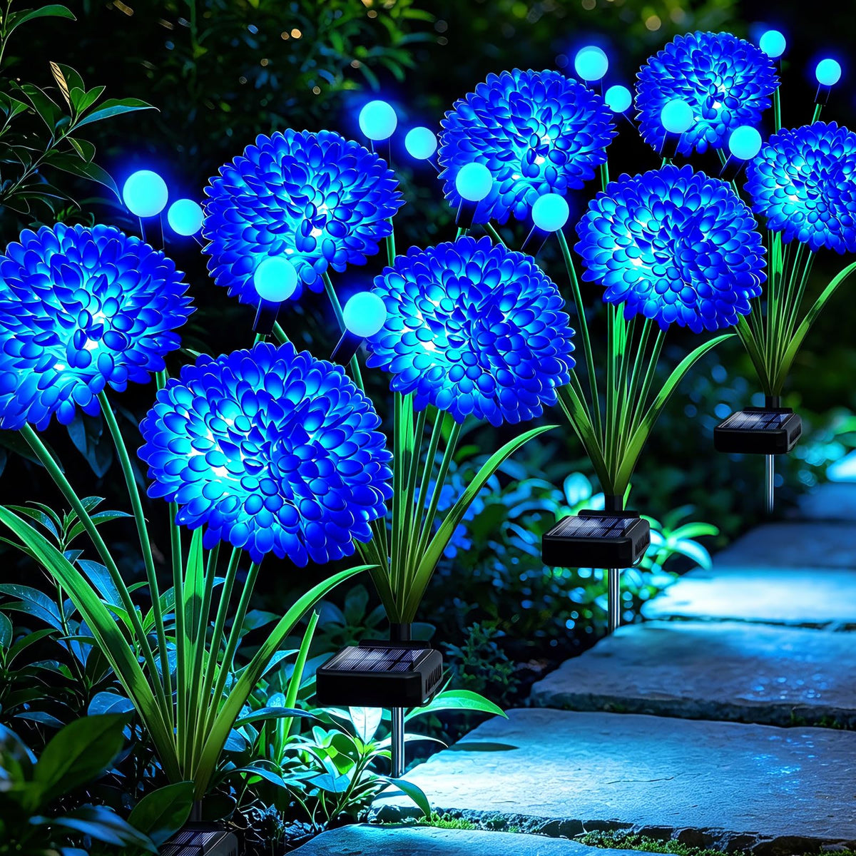 Solar Firefly Lights Outdoor Waterproof, 4 Pack Blue Solar Flowers Swaying Lights With Flowers, Flower Light Garden Decor for Outside Yard Patio Halloween Christmas, Gifts for Women Grandma
