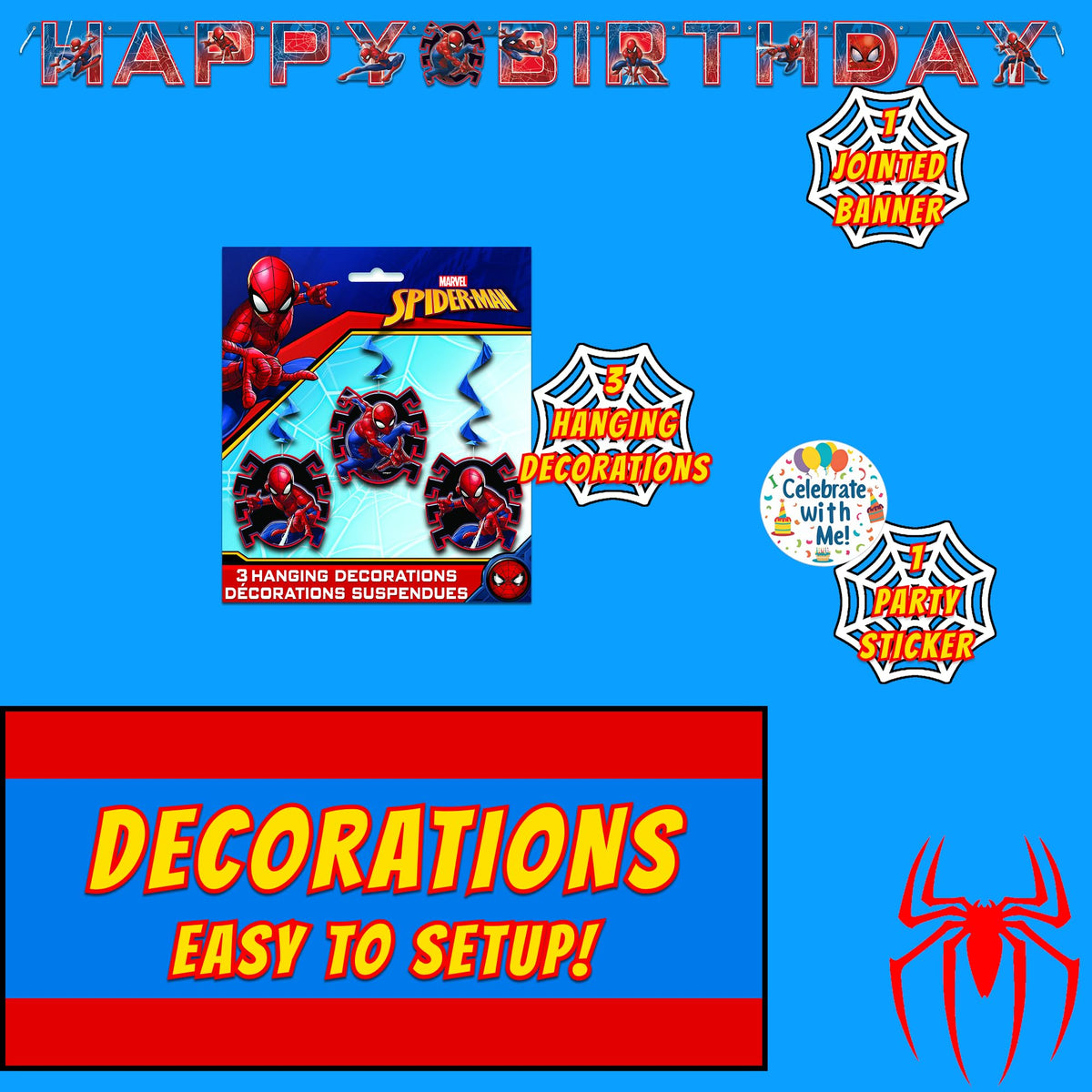 Unique Spider-Man Party Decorations | Swirl Decor Set | Officially Licensed | Jointed Banner and Hanging Swirls | Birthday Decor For Kids, Photo Backdrops, Party Rooms