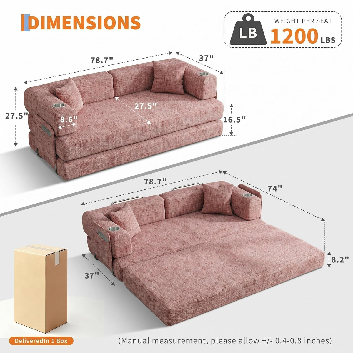 5-in-1 Convertible Sofa Bed Sleeper, 79" Corduroy Floor Couch with 4 Pillows, Boneless Deep Seat Futon Mattress, No Assembly, Modern Lounge Sofa for Living Room, Apartment, Small Spaces, Pink