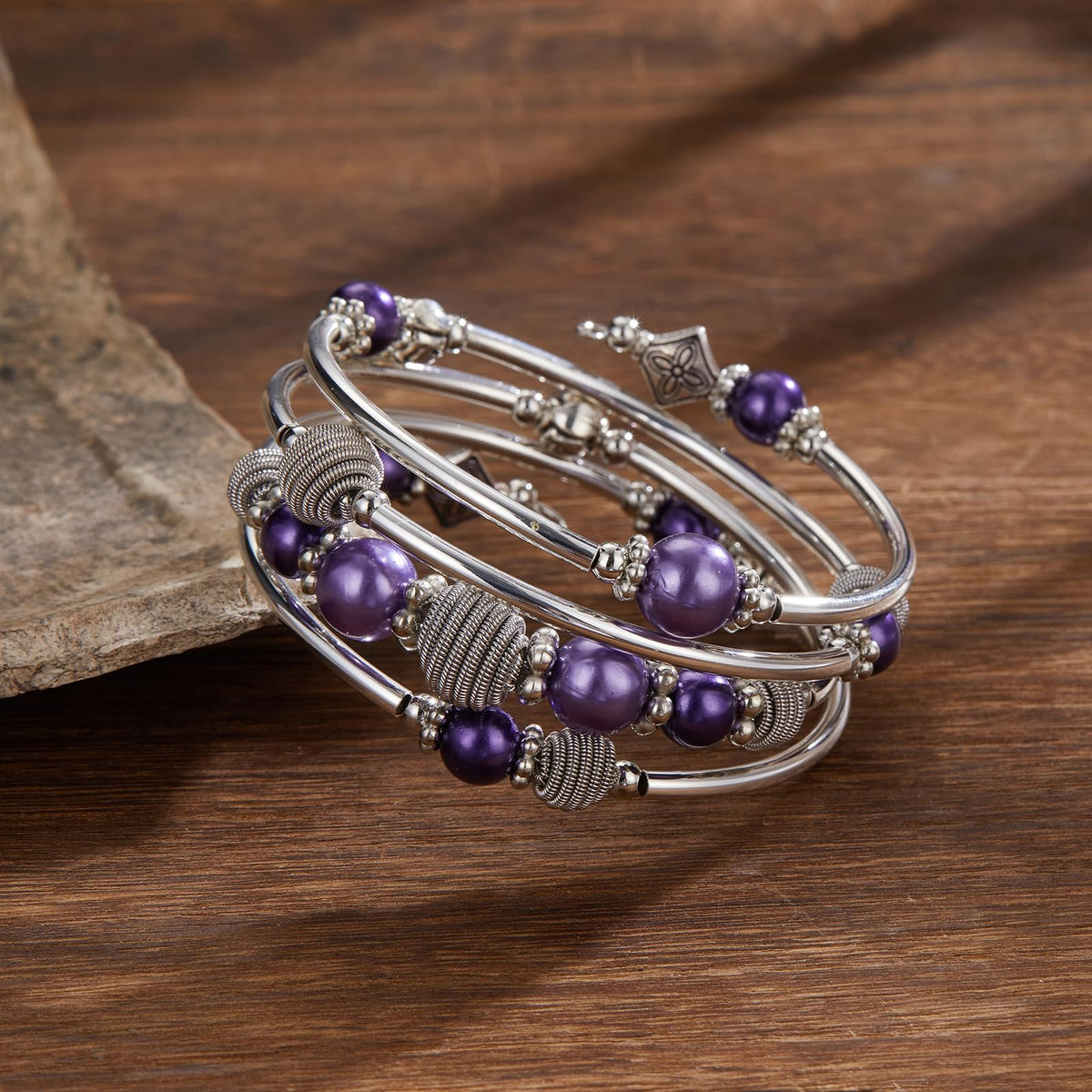 Beaded Chakra Bangle Turquoise Bracelet - Fashion Jewelry Wrap Bracelet with Thick Silver Metal and Mala Beads, Birthday Gifts For Women(Purple pear)