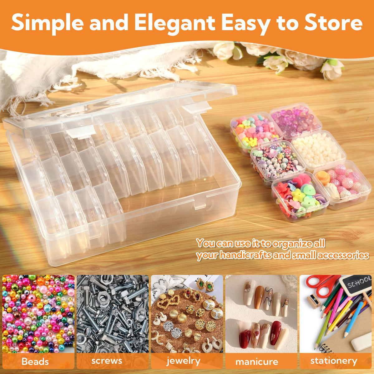 124 Pack Bead Organizer Box, Transparent Small Plastic Containers (4 Large Boxes and 120 Small Boxes), Bead Organizers and Storage with Blank Stickers for Bracelet Making DIY Jewelry Craft Nail