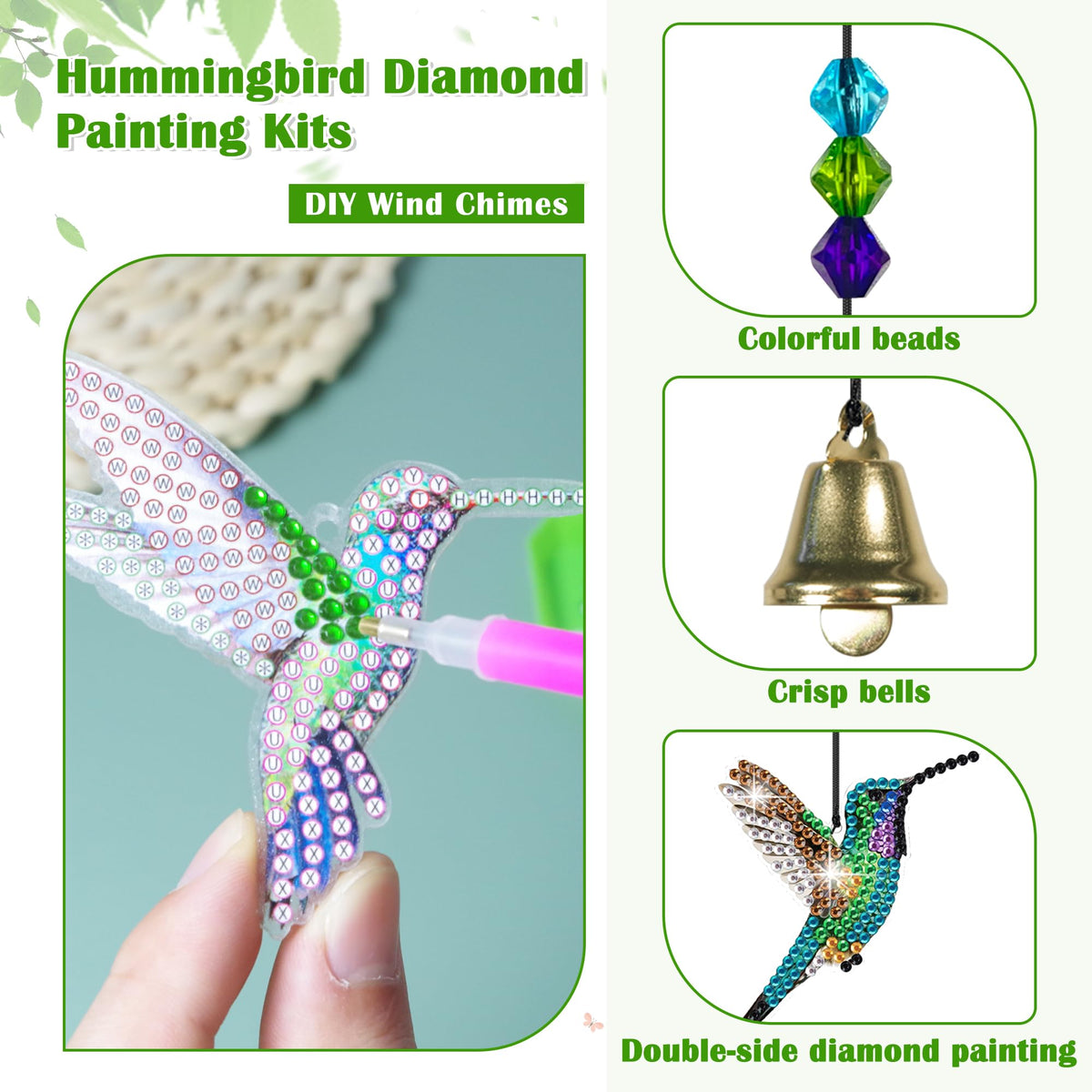 Vcekract Hummingbird Diamond Painting Wind Chimes, Suncatcher Double-Sided Diamond Art Kits for Adults, Adult Craft Kits for Garden Decor