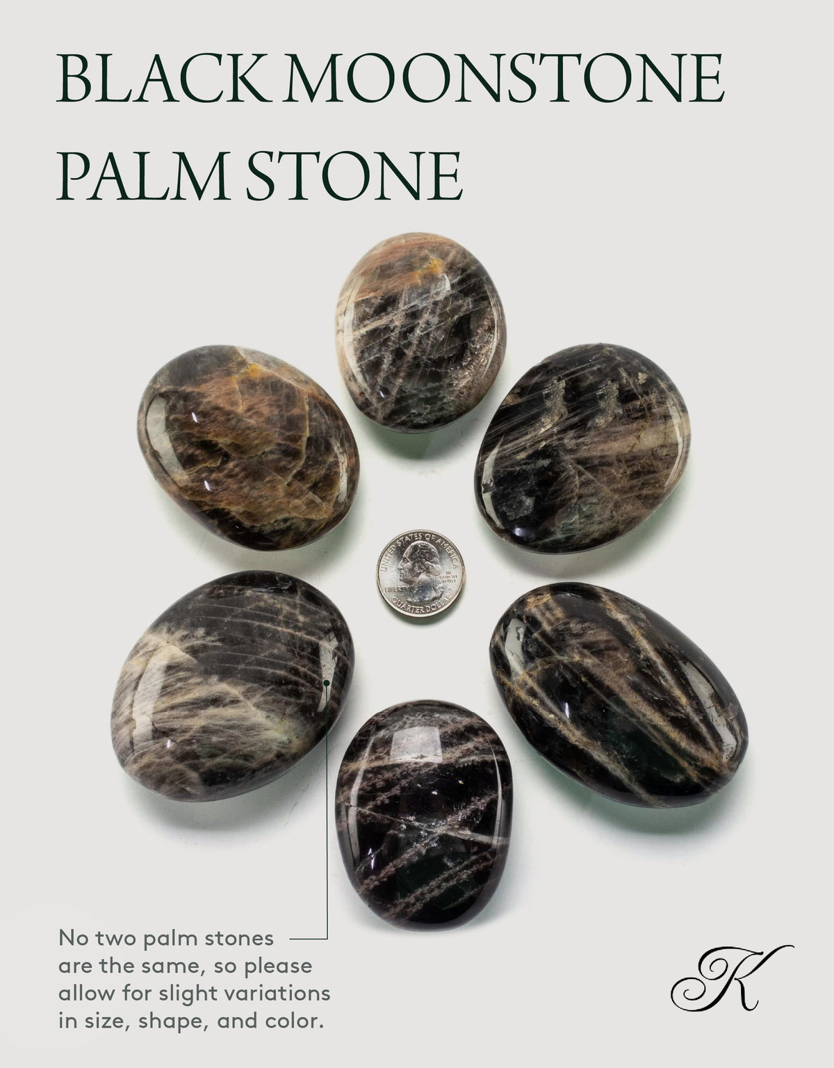 KALIFANO Palm Stone with Healing & Calming Effects - AAA+ Grade High Energy Worry Stone with Information Card - Reiki Crystal Used for Courage (Family Owned and Operated) (Black Moonstone)