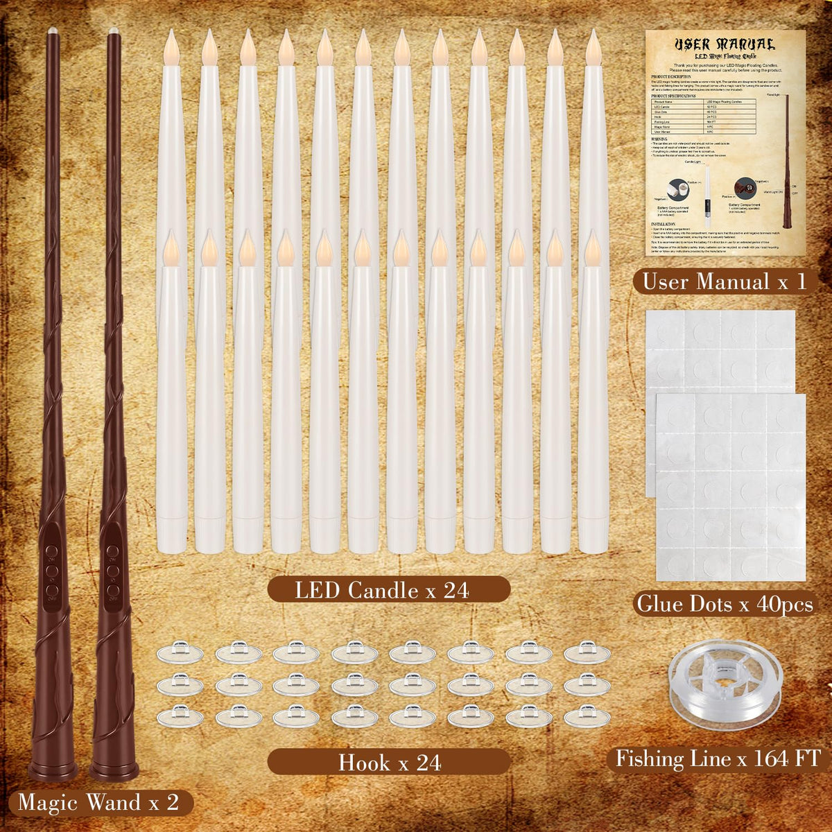 CAKETYCG 24 Pcs Halloween LED Magic Hanging Floating Candles, Taper Flickering Flameless with 2 Magic Wands - Candle Set for Halloween, Christmas, Weddings, Birthdays & Fantasy Ambiance...