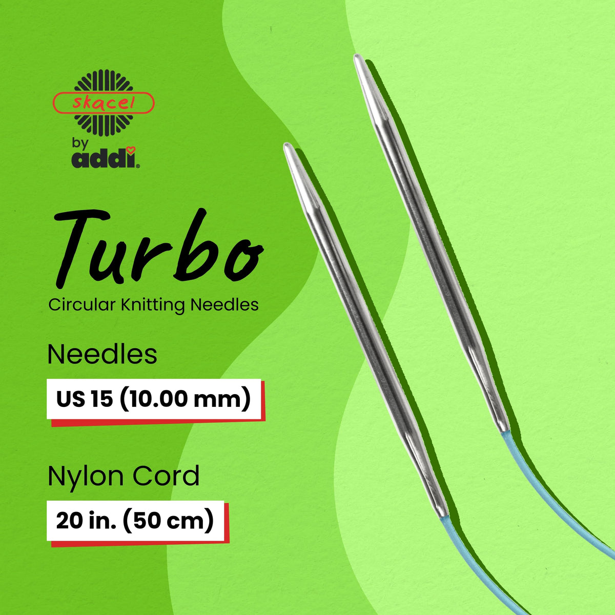 skacel by addi Circular Knitting Needles, 20 Inch (50 cm) Turbo Round Plated Brass Knitting Needle Pair with Nylon Cord, 10 mm (US Size 15)
