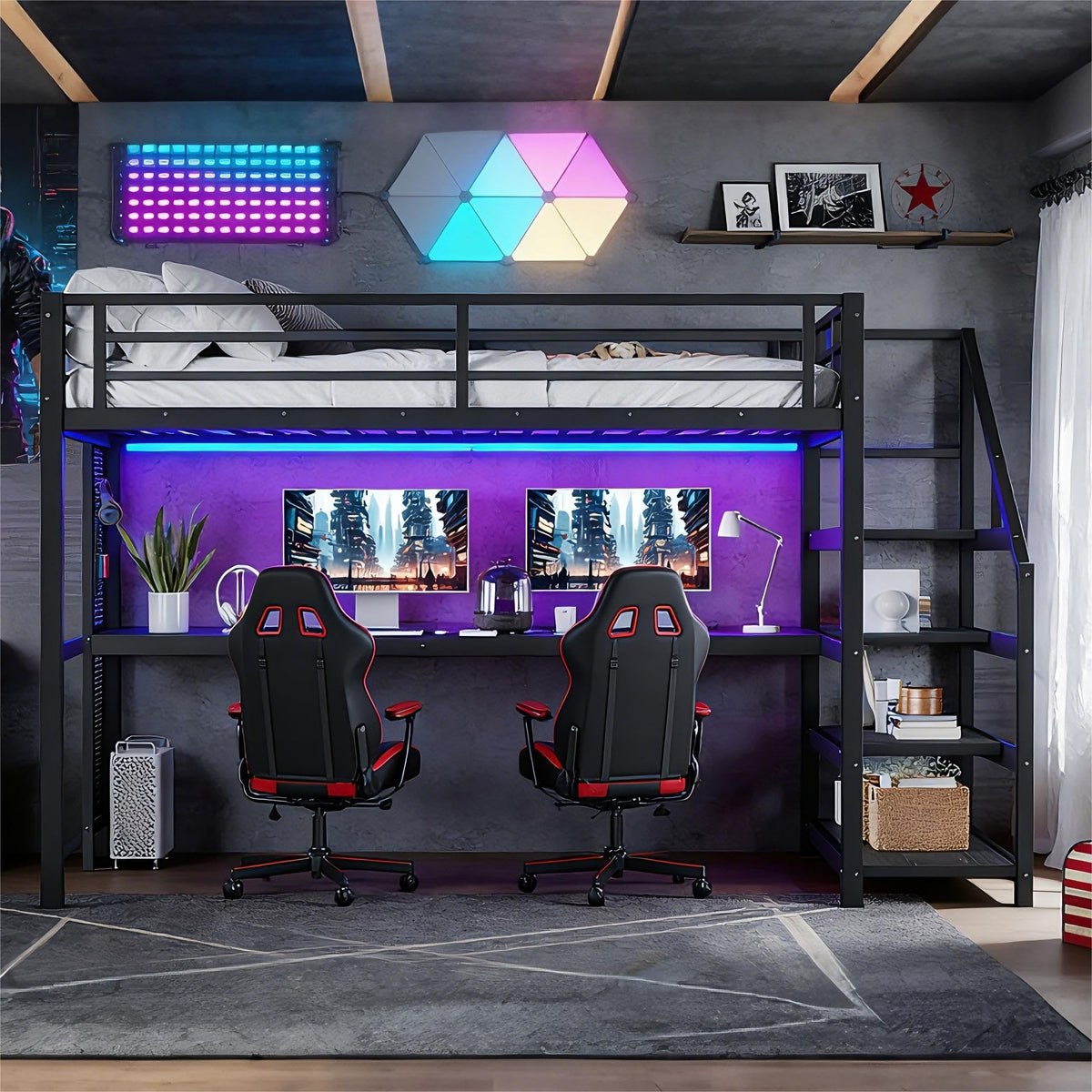 Bellemave Queen Loft Bed with Desk & Storage Stairs, Metal Queen Size Loft Bed Frame with Iron Nets, LED Lights & USB Ports, Heavy Duty Adult LoftBed for Bedroom, Noise-Free, Black Wood