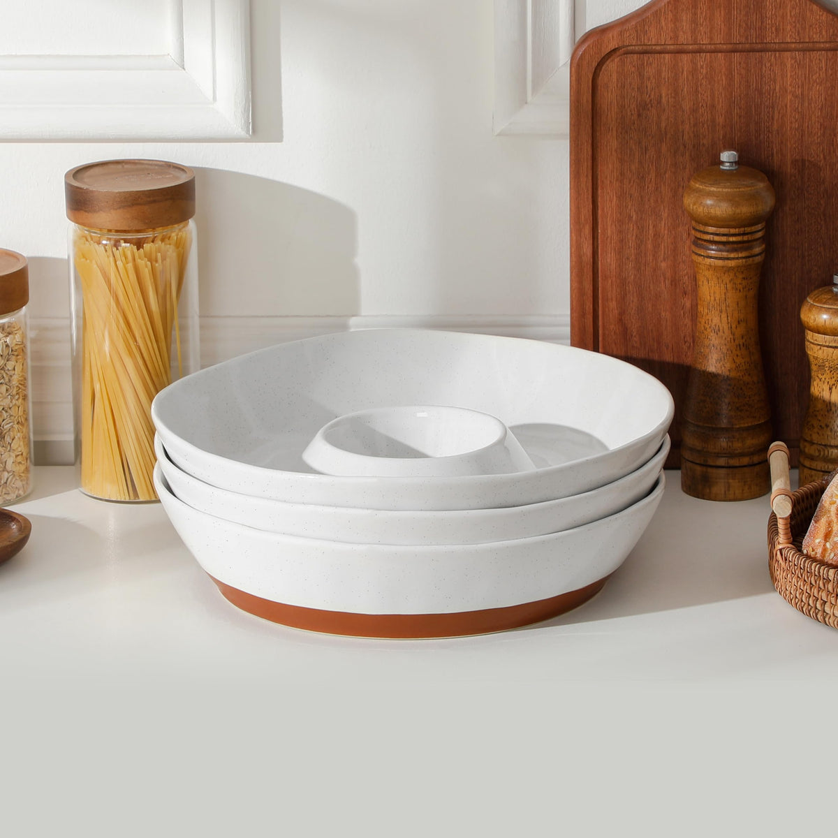 MALACASA Ceramic Chips and Dip Serving Tray, 12 Inch Large Divided Bowls Set for Salsa, Veggies & Dip, Appetizers, Snacks, Free-Form Serving Dish Platter for Parties Hosting & Entertaining, White