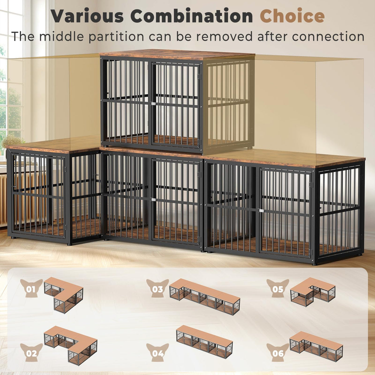Lyromix 43'' Dog Crate Furniture with 3 Doors, XL Wooden Crate End Table Heavy Duty Indoor Puppy Cage for Medium to Large Dogs, Multiple Units Can be Combined