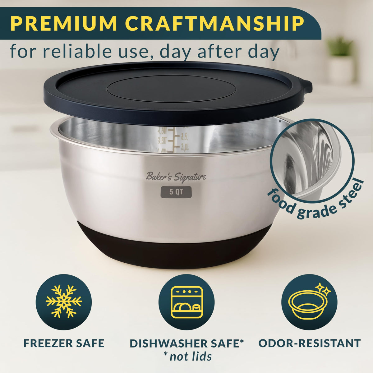 Baker's Signature Stainless Steel Mixing Bowls with Lids Set, 5 Sizes, 3 Graters, Non-Slip Base, Airtight Lids, Metal Mixing Bowls for Kitchen, Food Prep, Storage, 0.63QT-5QT, Black