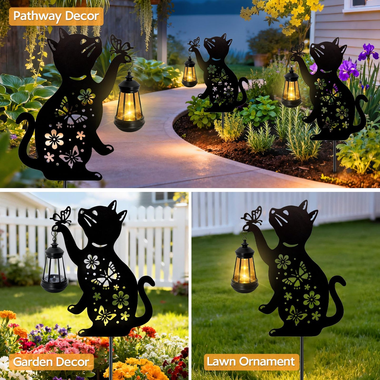 Cat Solar Lights Outdoor, 2 Pack Black Cat Hanging Lantern Waterproof, Cat Lover Gifts for Women Mom Birthday Mother's Day, Metal Garden Statue Yard Decor Patio Pathway Backyard Lawn Ornaments