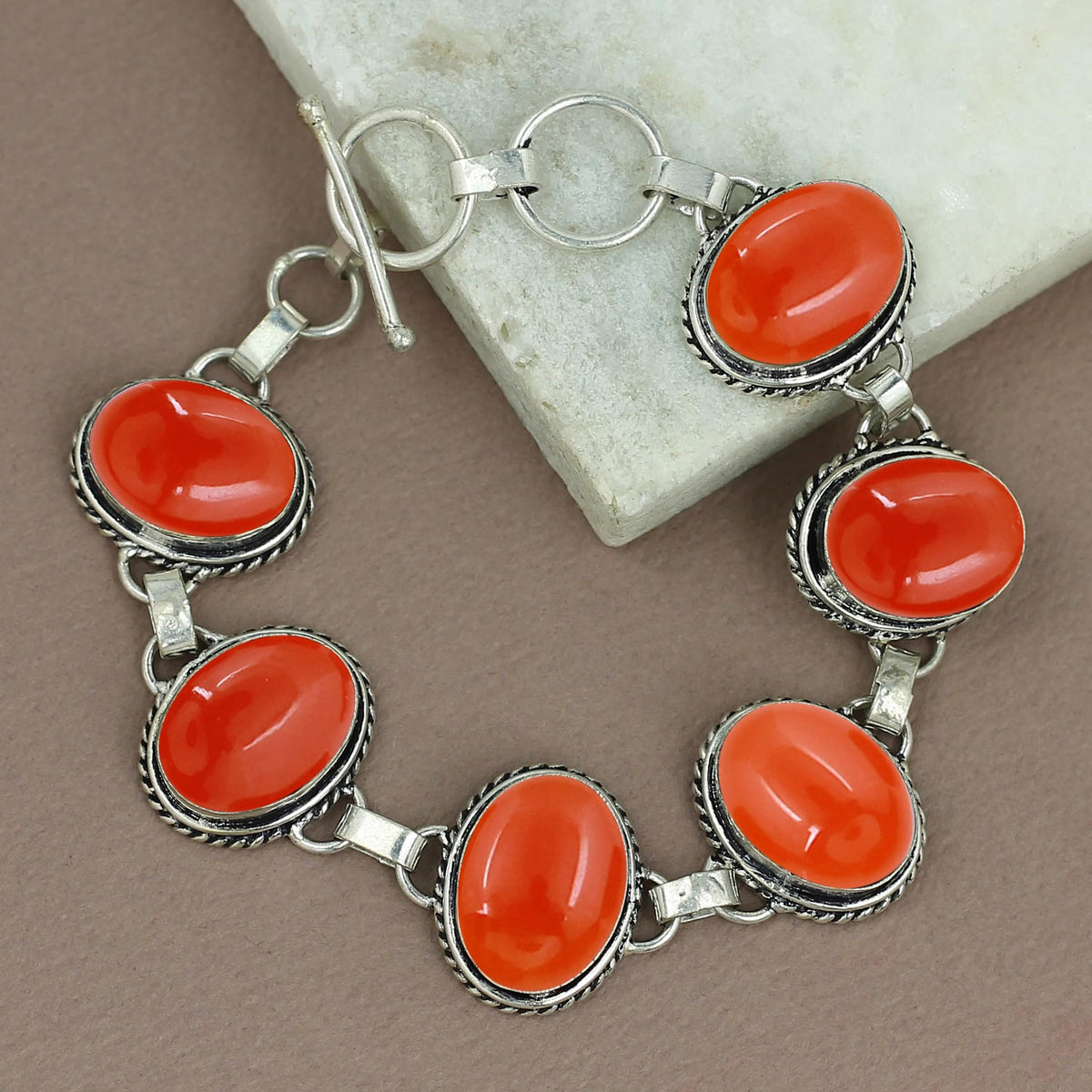 Natural Carnelian Silver Plated Handmade Link Bracelet for Women - July Birthstone Oval Gemstone Adjustable Bracelet Vintage Style Jewelry - Wedding Christmas Gifts for Her