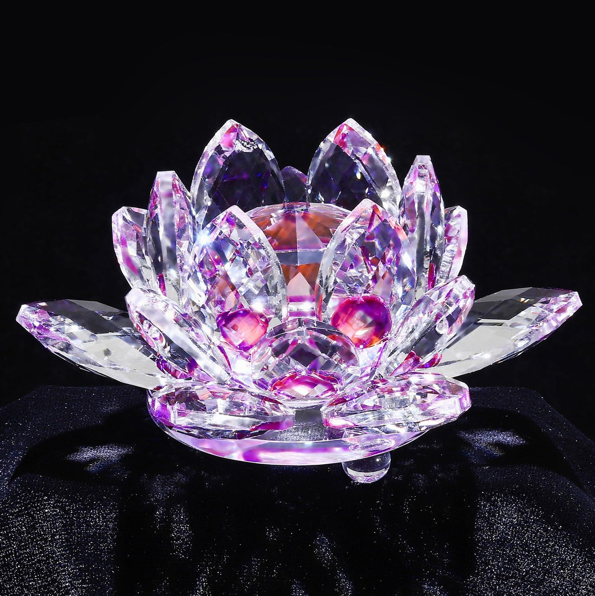 TENGFENG Sparkle Crystal Lotus Flower - 4'' Hue Reflection Clear Crystal Lotus for Feng Shui Home Decor Sun Catcher Ornaments or Paper Weight with Gift Box (100MM) Transparent Purple