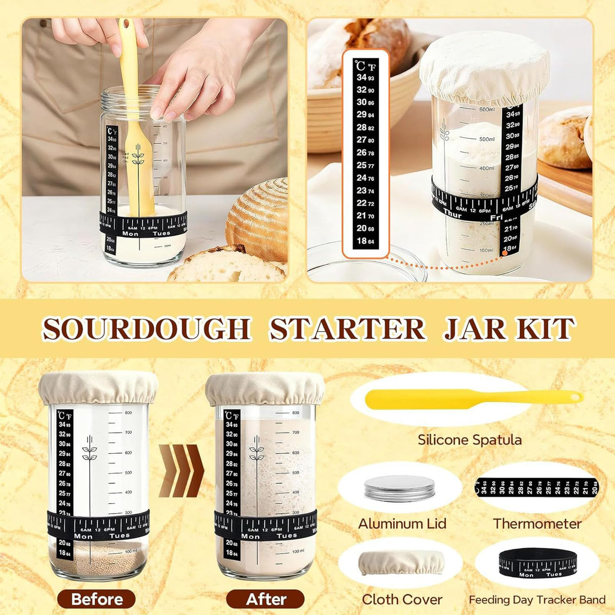 Beginner Sourdough Starter Kit - 9" Round & 10" Oval Banneton Proofing Baskets with Glass Starter Jar, Bread Sling, Dough Scrapers, Cooling Rack - Complete Homemade Baking Gift Set