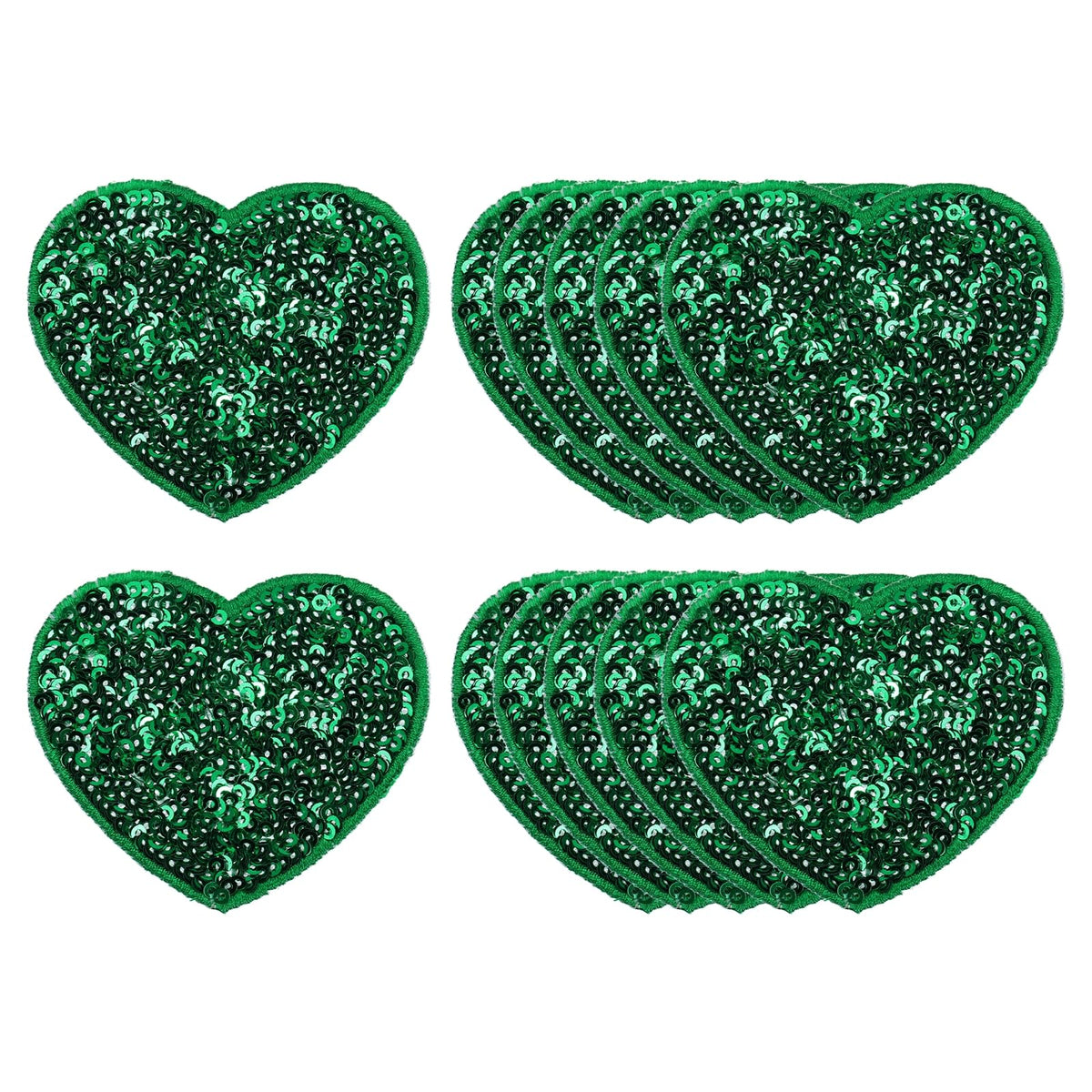 MECCANIXITY 12 Pcs Sequin Heart Iron on Patches, 2.7 x 2.4 Inch Embroidery Sequin Patches for Clothing Repair Backpack Shoes Decoration, Deep Green