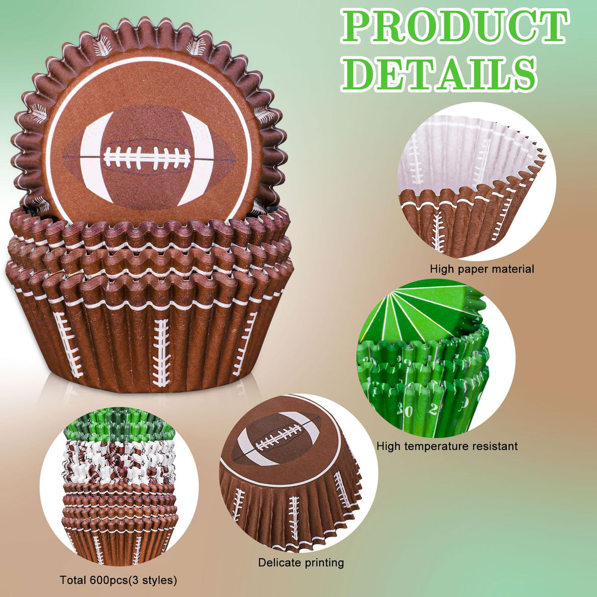Whaline 600Pcs Football Cupcake Liners Rugby Disposable Baking Cups Sports Theme Muffin Cupcake Wrappers for Birthday Holiday Party Post-match Celebration