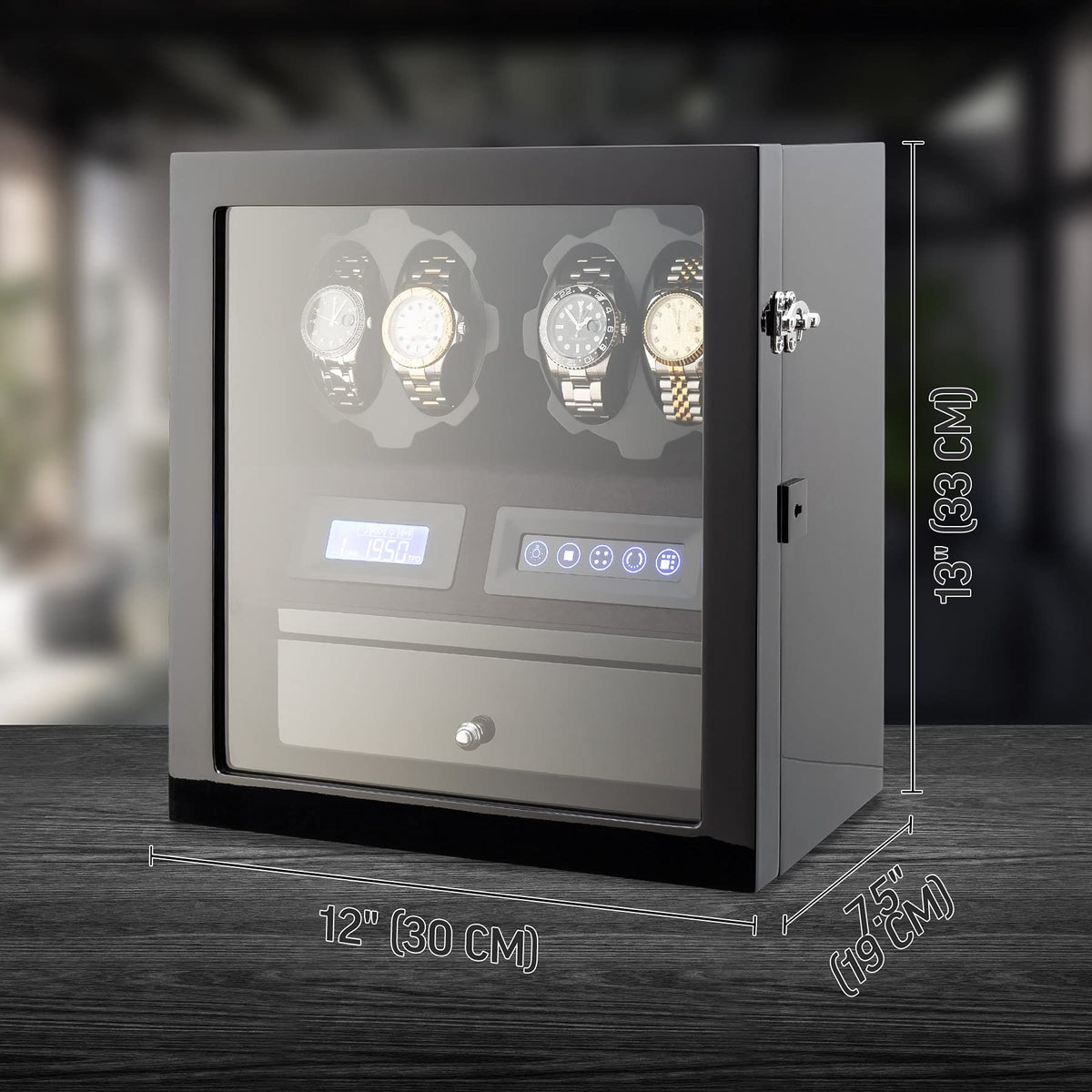 4 Watch Winder with 5 Watch Storage Space, LCD Display, Touch Control and Interior Light (Black + Black)