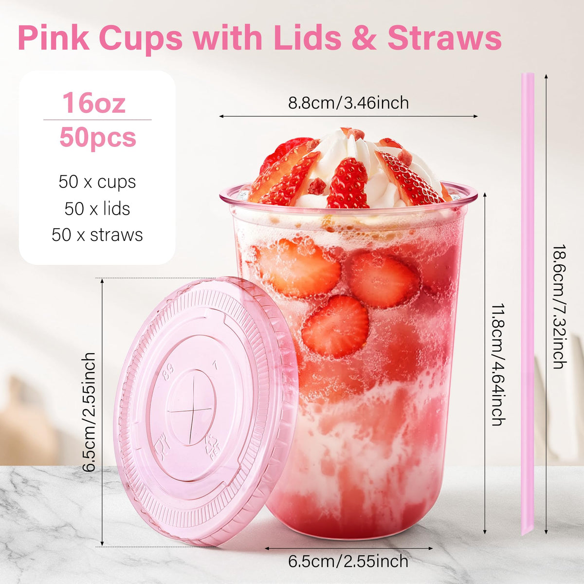 KesaPlan 50 Pack 16 oz Pink Plastic Party Cups with Lids and Straws, Disposable Iced Coffee Cup with Lids, Round Bottom Drinking Cups for Birthday Wedding Valentine's Galentine's Bachelorette Party