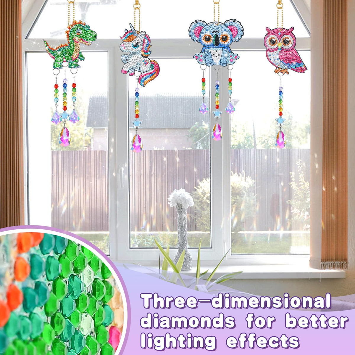 Diamond Art Kits for Kids - Crafts Gifts for Girls 8-12, 4 Pcs Double Sided Animal Style Wind Chime, Hanging Crystal Rhinestone Painting Ornament