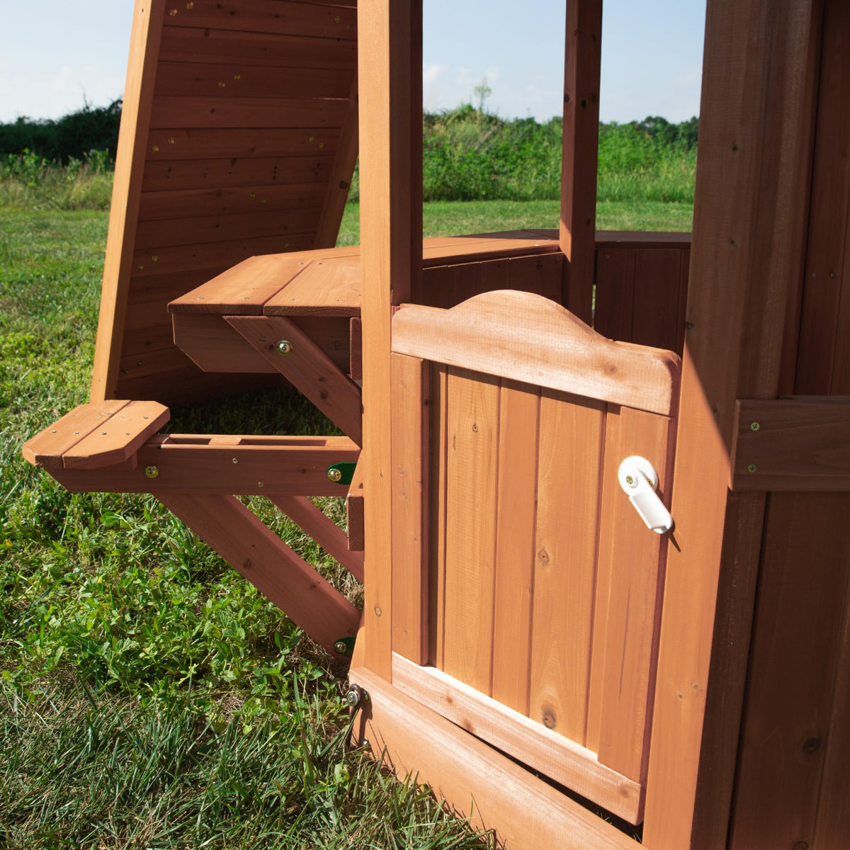 Backyard Discovery Woodland Cedar Wood Swing Set with Wave Slide, Clubhouse, Rock Wall, Snack Bar Station, Benches, Belt Swings, Trapeze, Half Door, Balcony, Step Ladder, Outdoor Playset