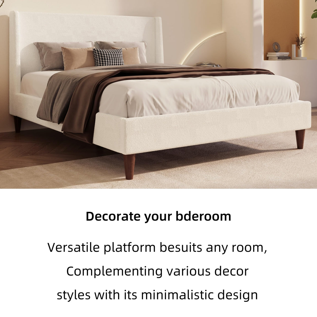 Merax Solid Wood Queen Size Boucle Bed Frame with Wingback Headboard, Modern Upholstered Platform with Walnut Wooden Legs, Strong Wooden Slats, No Box Spring Needed, Easy Assembly, Noise-Free, Ivory