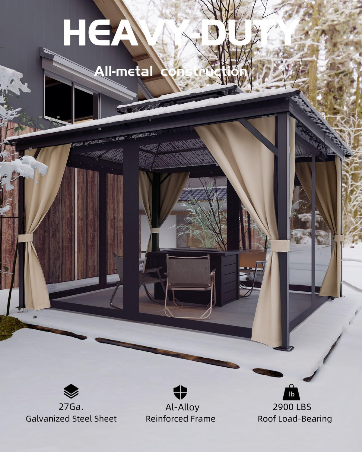 GarveeLife 12 ft x14 ft Hardtop Gazebo for All Weather, with Double Metal Roof, Aluminum Alloy Frame, Net, and Curtain, Permanent Building for Patio, Deck, Backyard, Lawn, and Garden, Khaki