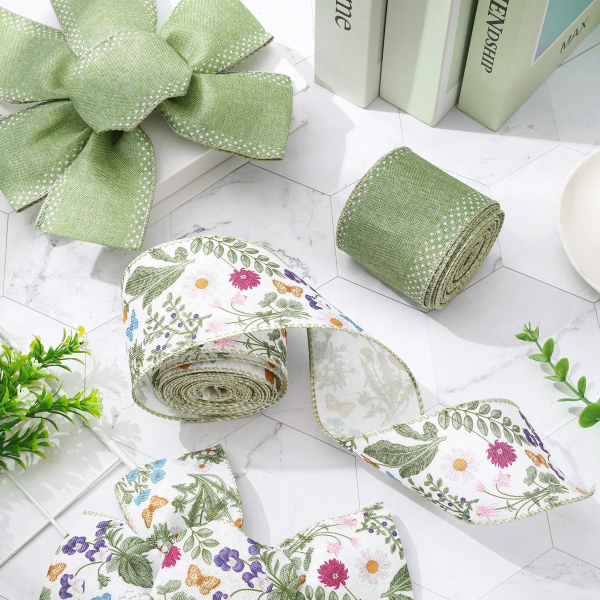 JarThenaAMCS Green Wildflowers Wired Edge Ribbon Retro Wild Floral Craft Ribbon Summer Fabric Ribbon for Spring Wreath Bow Making DIY Wrapping Party Decor Supplies, 2 Rolls, 20 Yard
