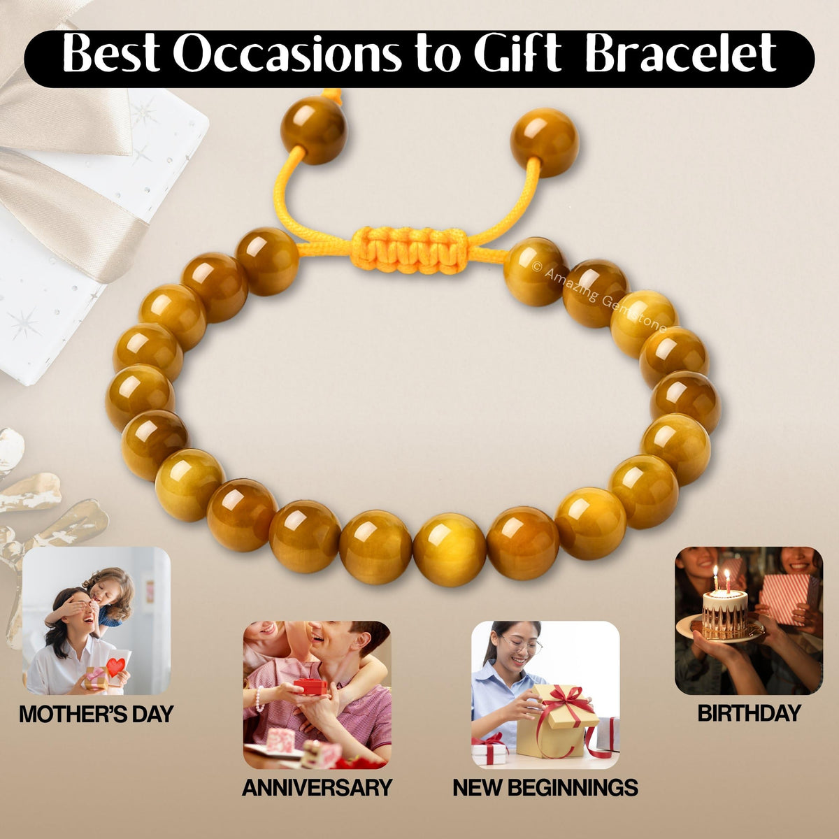 Amazing Gemstone Yellow Cat's Eye Bracelet for Women Men's Gifts - Protection Healing Crystal Bracelet - 8mm Gemstone Beaded Adjustable Bracelet