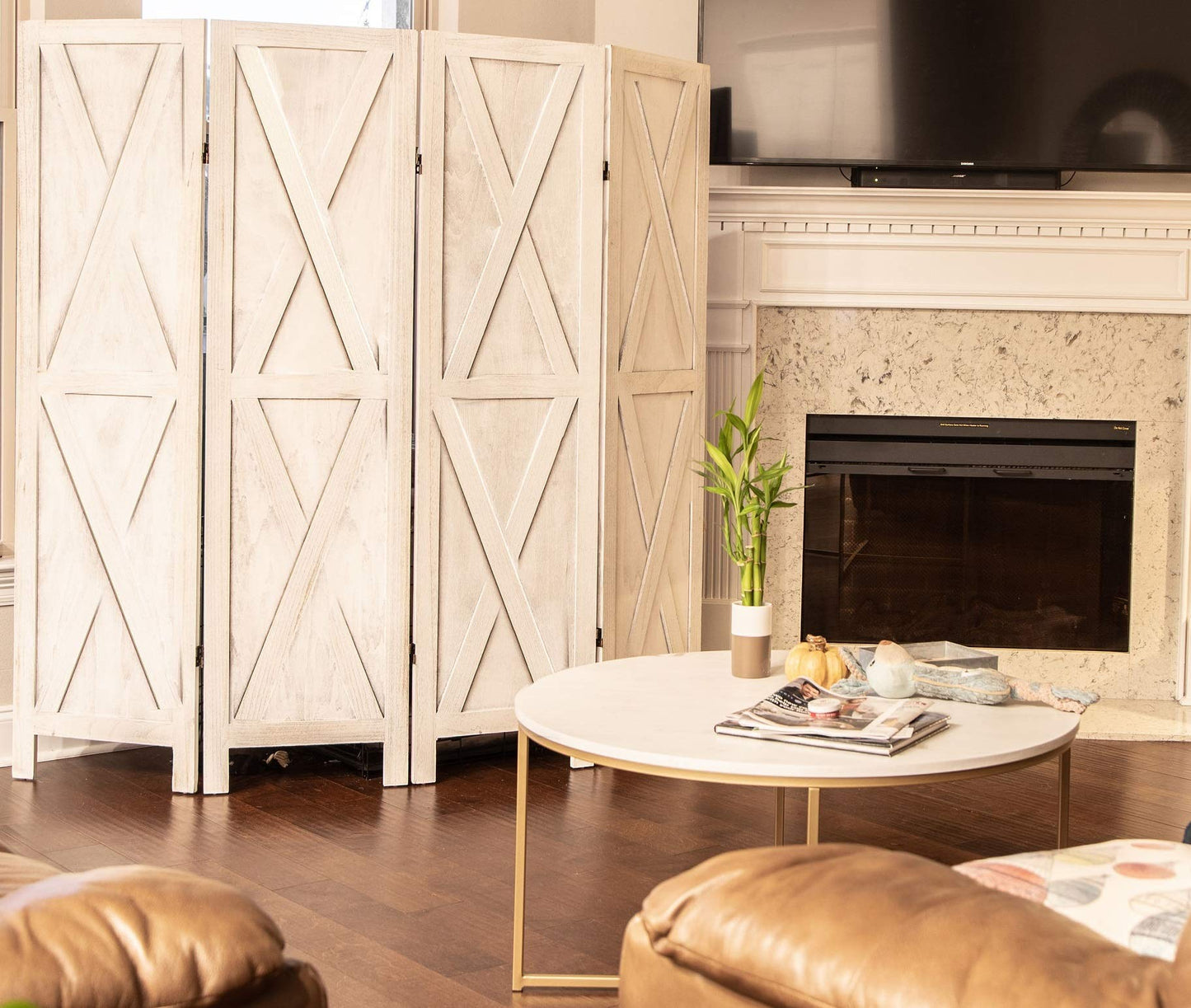 Premium Home 6-Panel Room Divider – Rustic White Barn Door, X Pattern Folding Privacy Screen, Partition Wall