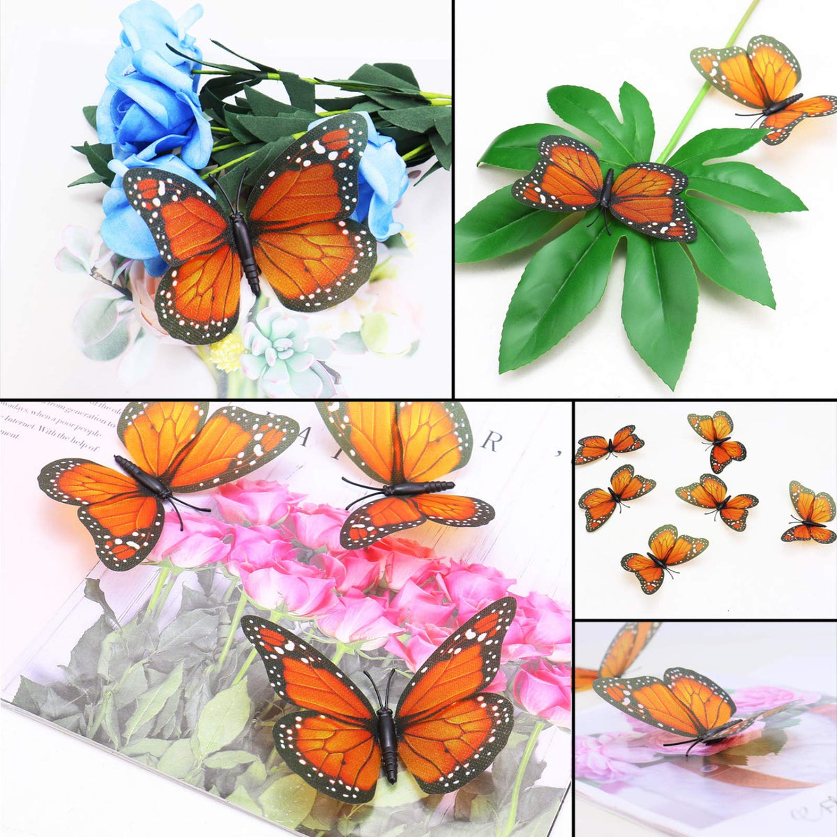 AQUEENLY Monarch Butterfly Decorations, 4.72'' Orange Premium Artificial Monarch Butterfly to Decorate for Craft, Home, Wall, Wedding, Party (12 Pcs)