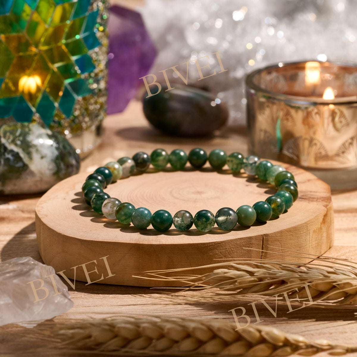 Bivei Moss Agate - Growth - 6mm Beaded Bracelets for Women Handmade Semi Precious Natural Stone Stretch Elastic Jewelry for Women Yoga Protection Gifts Small