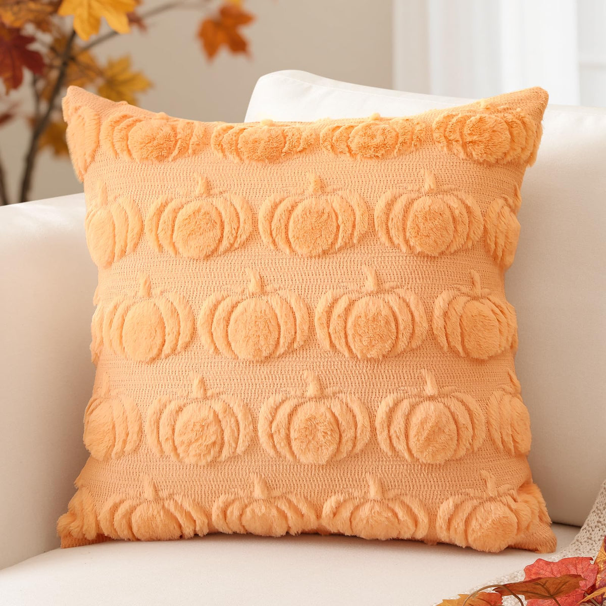 Artscope Fall Pillow Covers 18 x 18 Set of 2 Decorative Autumn Harvest Holiday Pumpkin Throw Pillow Cases Soft Plush Faux Fur Couch Cushion Case for Farmhouse Halloween Sofa Bed Room Decor-Light Gold