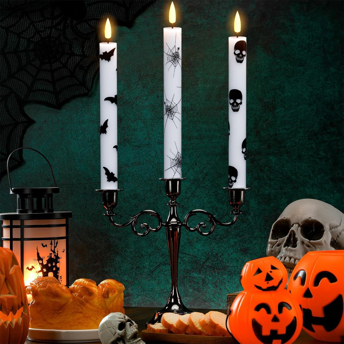 Eldnacele Halloween Flameless Taper Candles Battery Operated with Remote Timer, Set of 6 White Real Wax 3D Wick Flickering LED Taper Candles Spooky Halloween Indoor Decor(0.75" D x 9.65" H)