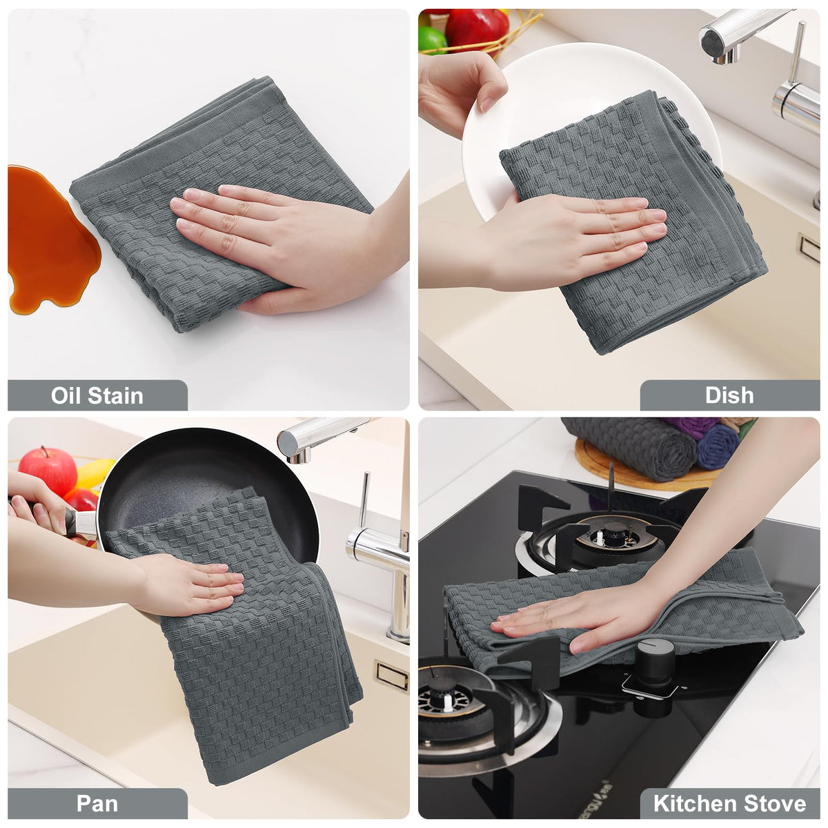 Homaxy 100% Cotton Terry Kitchen Towels(15" x 25", 6 Pack), Soft and Super Absorbent Dish Towels, 380 GSM Reusable Tea Towel with Hanging Loop, Pineapple Grid Designed, Dark Grey
