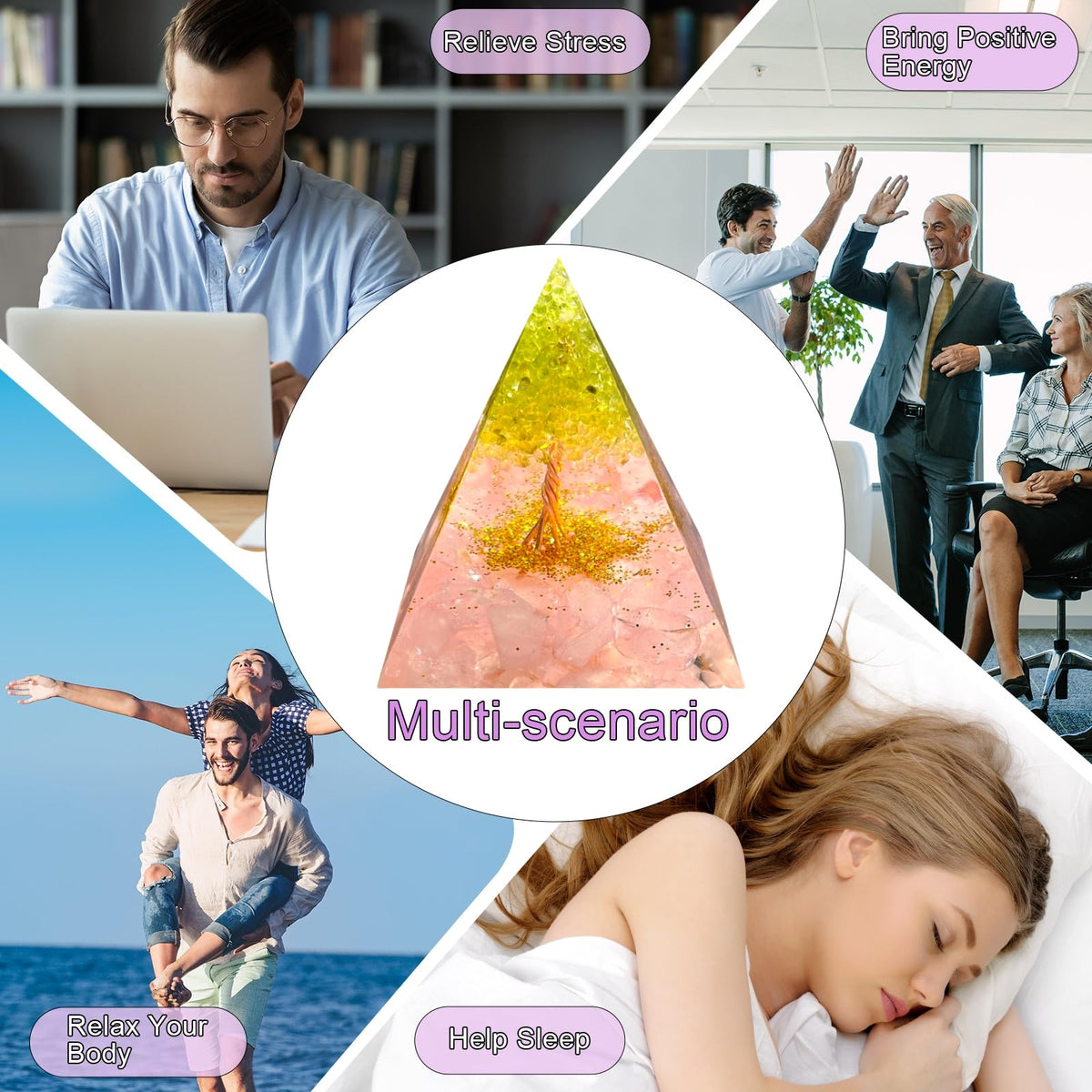 Saefheled Tree of Life Orgone Pyramid,Natural Energy Peridot Pink Crystal Orgonite Healing Crystal Pyramid,for Reduce Stress,Balance Chakra,Meditation Attract Luck,Accumulate Wealth Health(6cm)