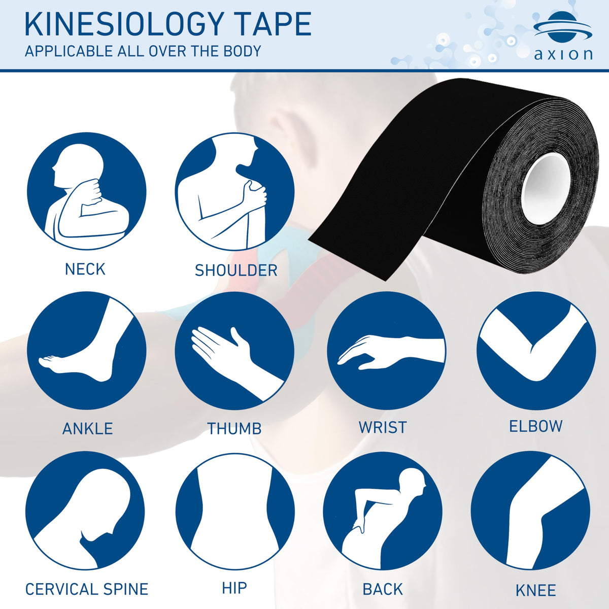 Kinesiology Tapes 2 Uncut Rolls Black | Waterproof • Skin-Friendly • Elastic • Self-Adhesive Fitness Bandage | Physio Tape Ideal for Sports & Everyday Use - axion
