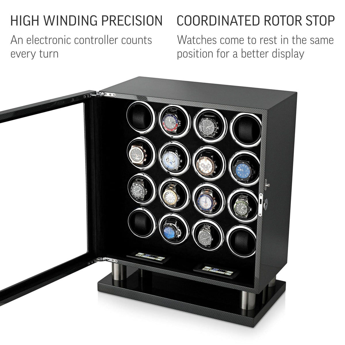 16 Watch Winder for Automatic Watches with LED Light and Coordinated Rotor Stop (Carbon)
