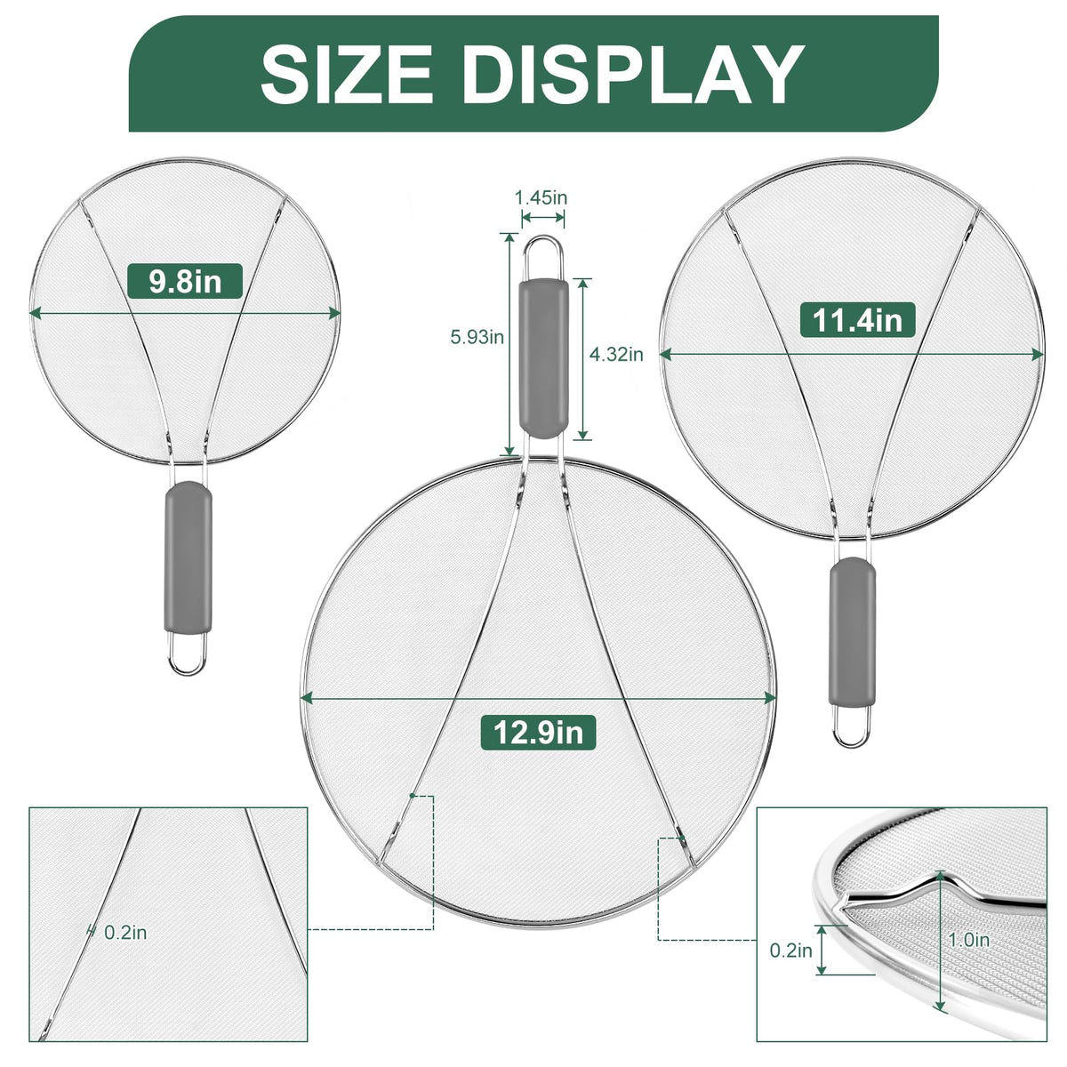 Splatter Screen for Frying Pan - 9.8" 11.4" 13" Stainless Steel Fine Mesh Grease Splatter Guard with Silicone Handle, Hot Oil Splash Guard for Cooking to Prevent Oil Splatter, Safe Cooking