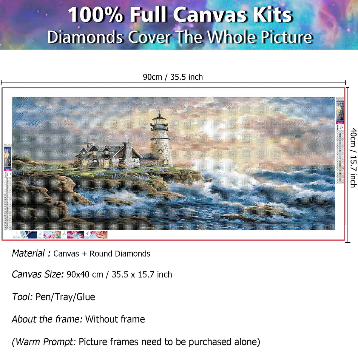 JATOK Large Diamond Painting Kits for Adults (35.5 x 15.7 inch) DIY 5D Lighthouse Full Round Drill Crystal Rhinestone Embroidery Pictures Arts Paint by Diamond Art Kits for Home Wall Decor Relax
