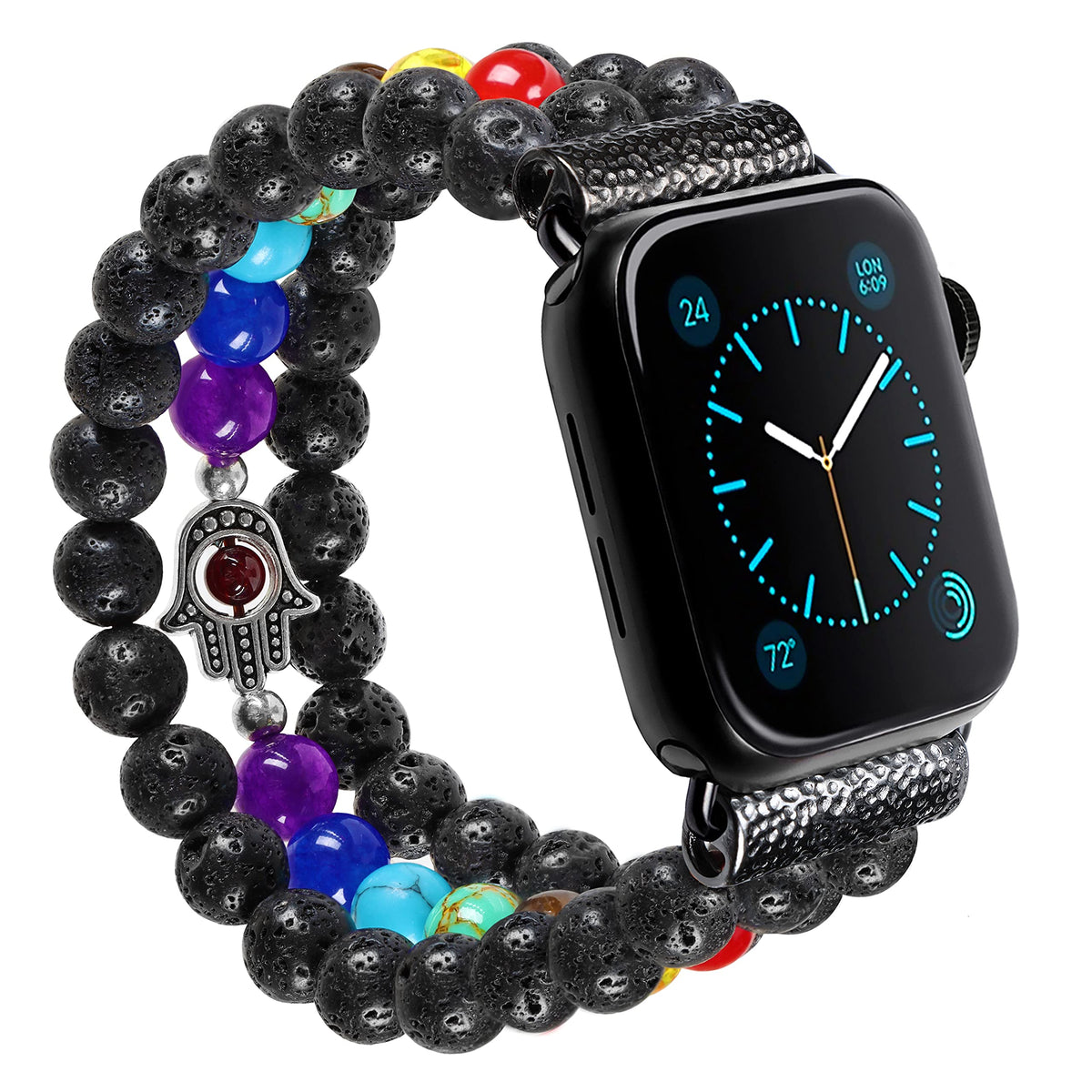 Chakra Healing Bracelet Lava Rock Protection Hamsa Hand Beaded Band Compatible with Apple Watch 10 9 8 7 SE 6 5 4 3 iwatch 38mm 40mm 42mm 44mm with Stainless Steel Adapter