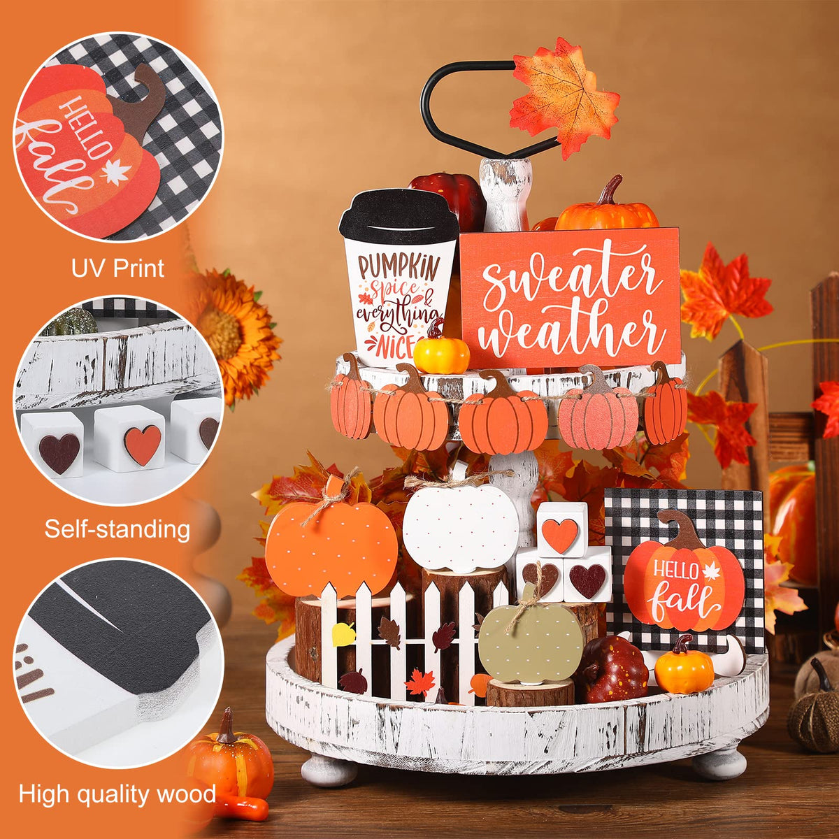 Sumind 15 Pcs Thanksgiving Tiered Tray Decor Set Fall Decorations for Home Autumn Wood Signs Thanksgiving Orange Brown Table Signs Farmhouse Wooden Maple Pumpkin Gnomes Tabletop for Festival(Pumpkin)