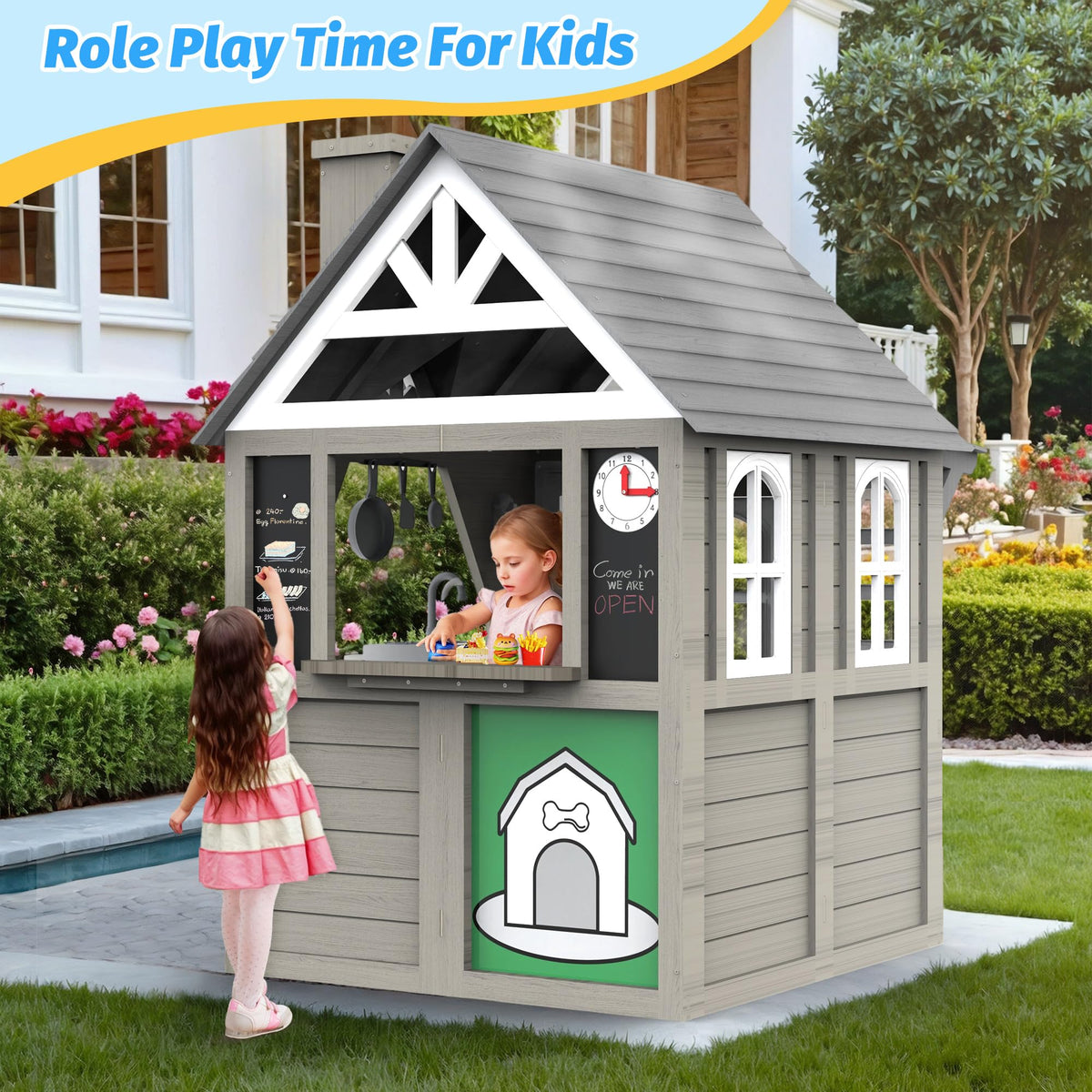 BTMWAY Kids Outdoor Playhouse,Cedar Gray Wooden Play House for Kids Ages 3-8, with Play Kitchen, Interactive Doorbell, Toy Phone, Sink, Flowerpot