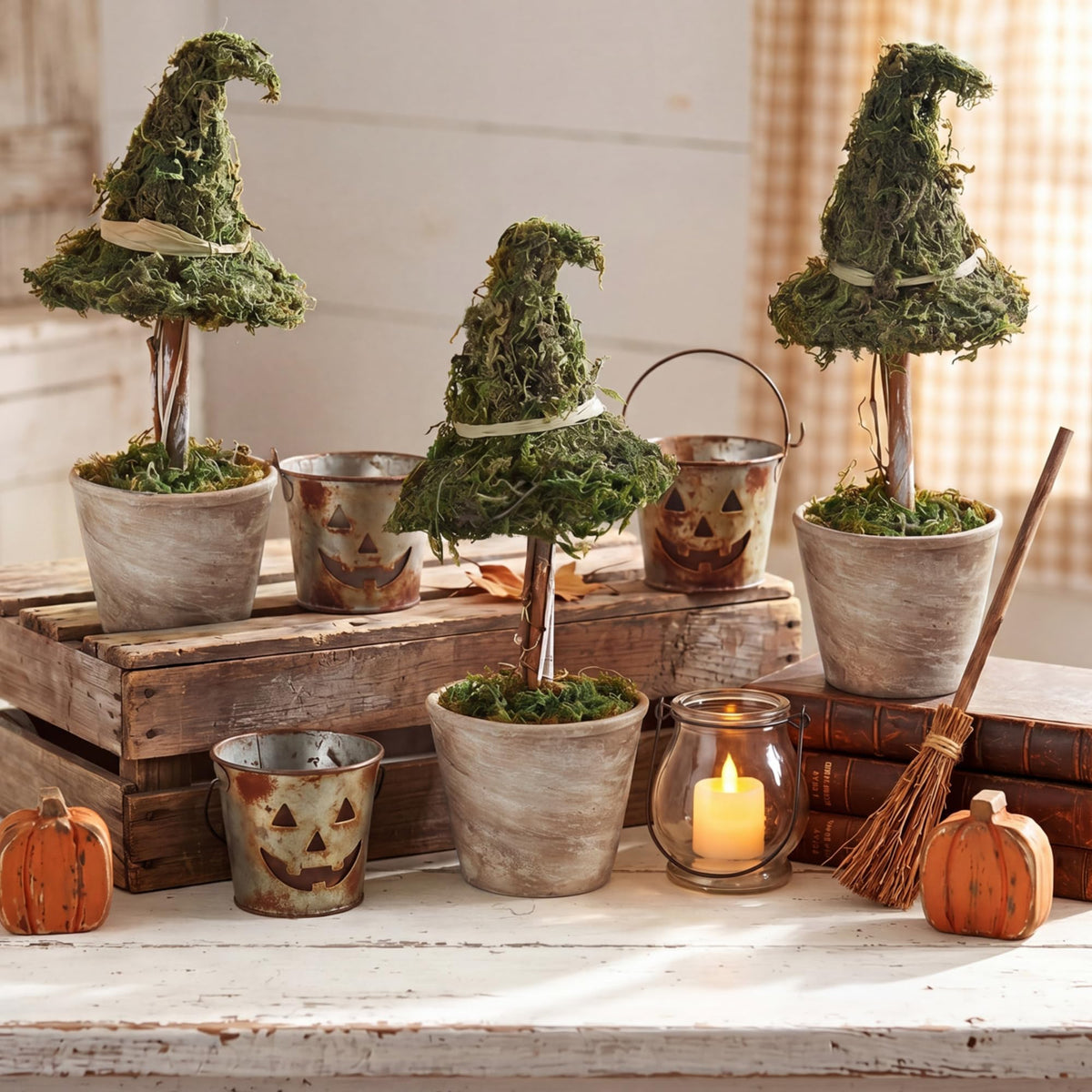 Thiccywoov 3 Pcs Halloween Witch Hat Topiary Plant with Pot Fake Small Moss Halloween Decorations Rustic Farm Witch Hat Plant Pot Tabletop Centerpiece for Home Bedroom Tiered Tray Decor Gifts 8.6inch
