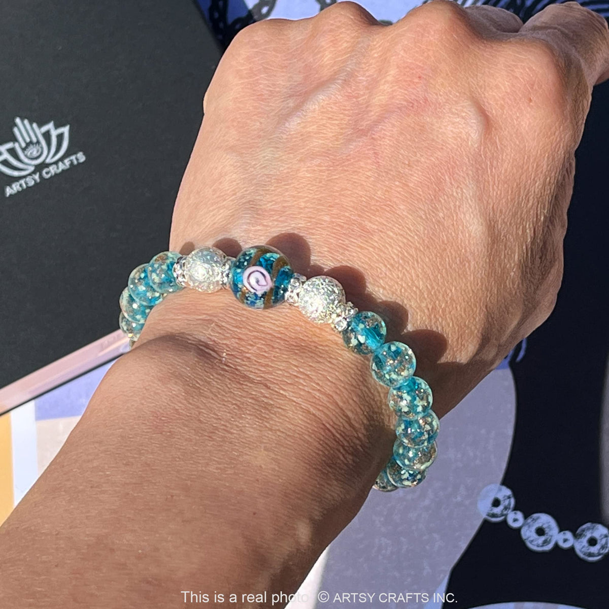 ARTSY Crafts Glow in the Dark Firefly Beads Bracelet for Women, Luminous Glass Beads Healing Crystal Glowing Beaded Bracelets, Mermaid Bracelet, Stretch Stackable Bangle Wristband (Sky Blue)