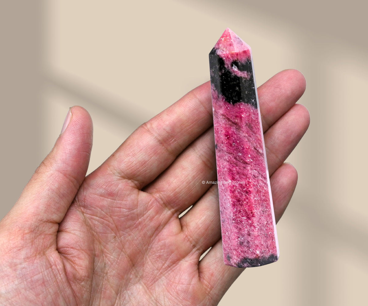 Amazing Gemstone Rhodonite Crystal Towers - Natural Healing Crystal Point Obelisk for Reiki Healing and Crystal Grid (3" to 4" INCH)