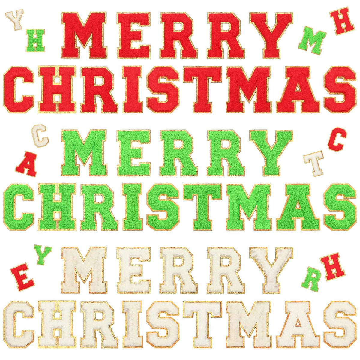Suncalla 42 Pcs Merry Christmas Self Adhesive Red Green White Iron on Patches 2.1 Inch Sew on Chenille Letter Xmas Chenille Embroidered Applique Patches for Crafts DIY Decor